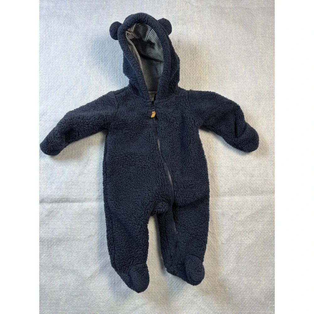 Carters Baby Boy 3M Navy Blue Sherpa Fleece Bear Ear Hooded Pram Bunting Suit